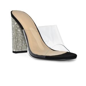 Clear Strap Rhinestone Embellished Block Heel Sandals